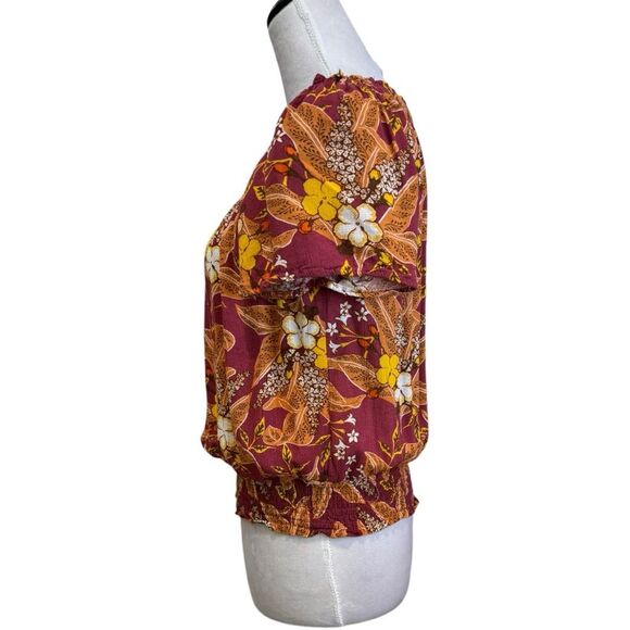 Floral Smocked Off Shoulder Blouse‎ Top Red Yellow Autumn Print - Picture 2 of 7
